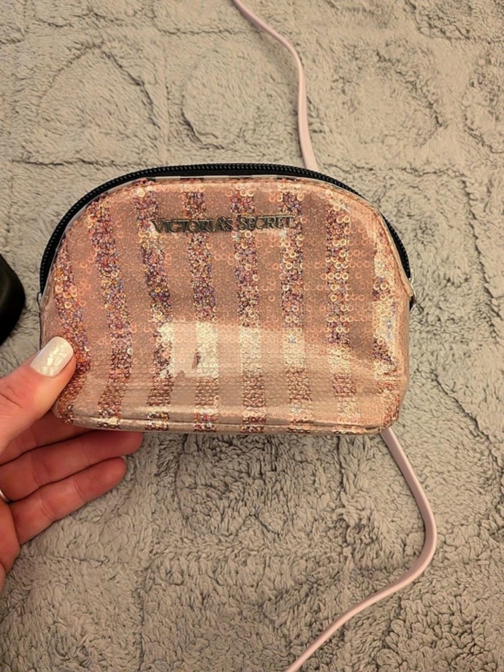 Victoria's Secret Sequin Striped Cosmetic Bag Pink & Gold